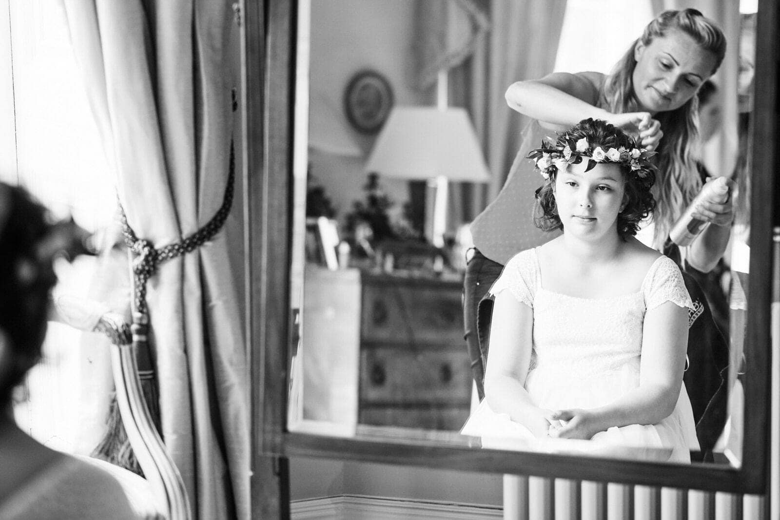 Flowergirl in mirror - North Cadbury Court Wedding photographer
