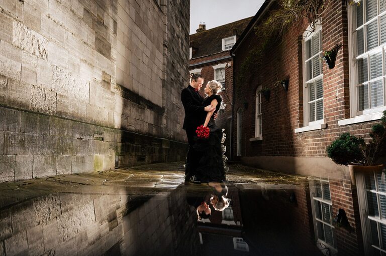 Goth wedding a Poole Guildhall with a Black wedding Dress