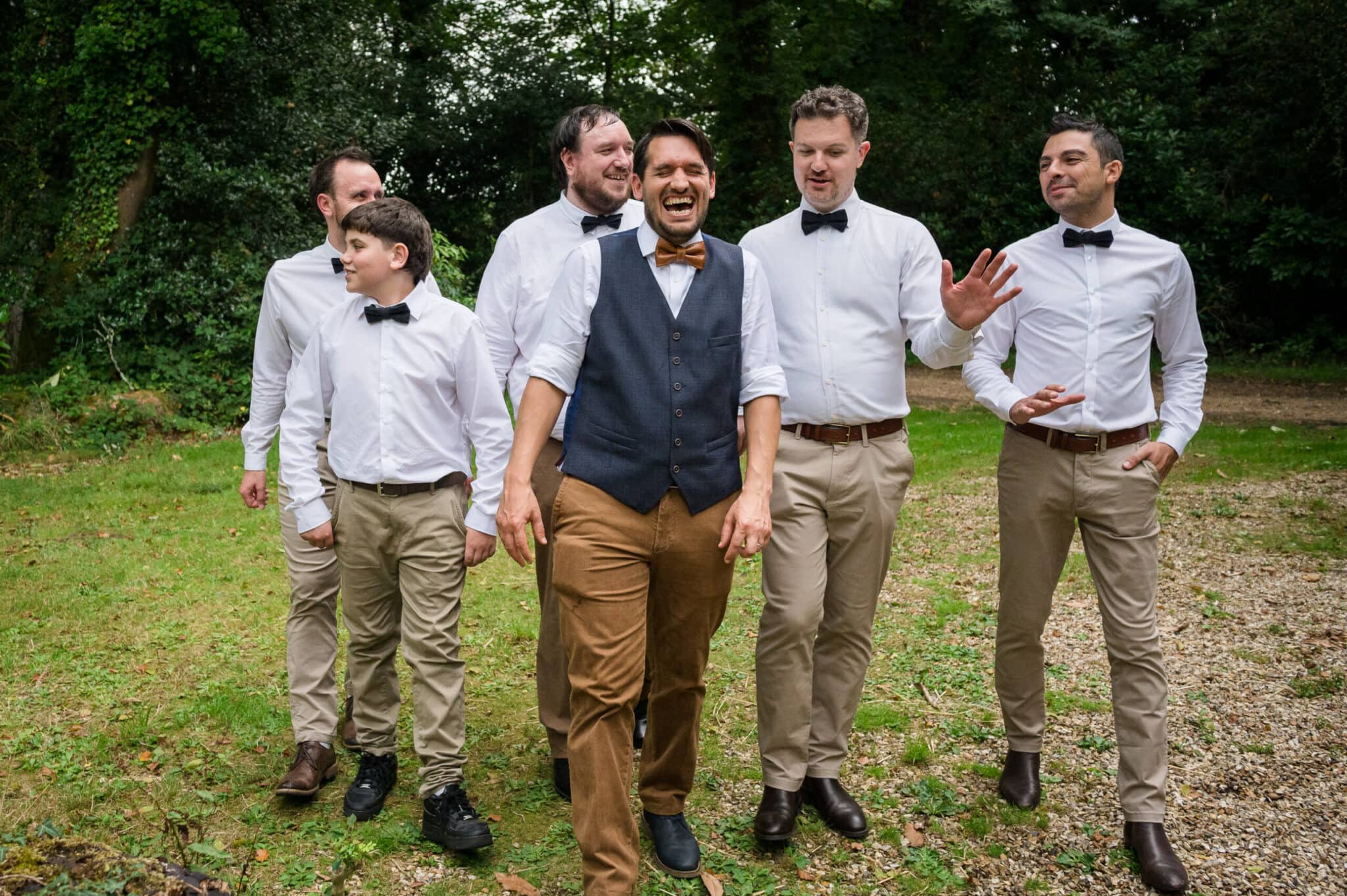 Natural shot of grooms party at Weddings in the Wood in Hampshire