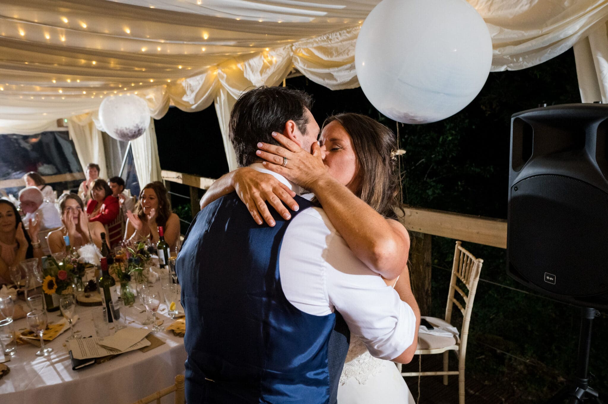 Bride and Groom kiss after Weddings in the Wood speeches