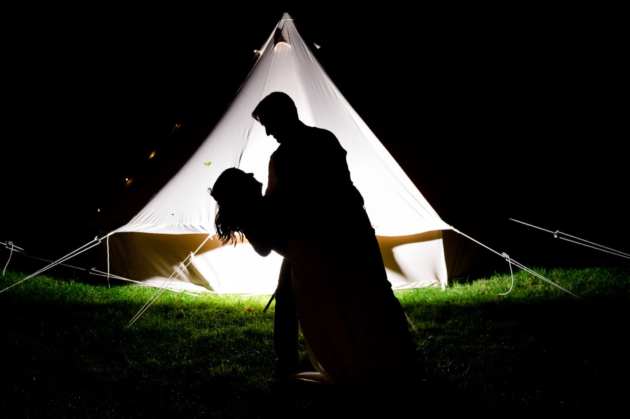 Night time photography outside bell tent at Weddings in the Wood in Hampshire