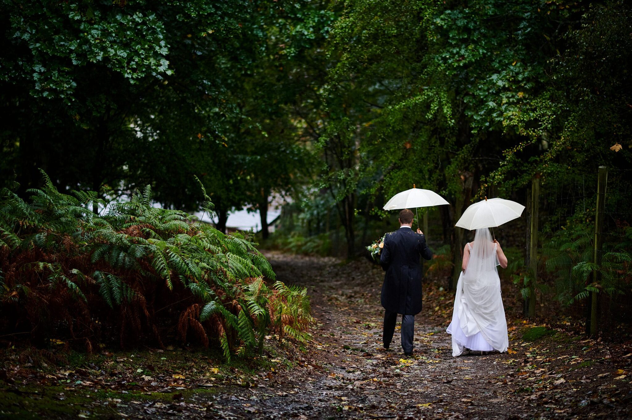 Bride and groom walk with umbrellas