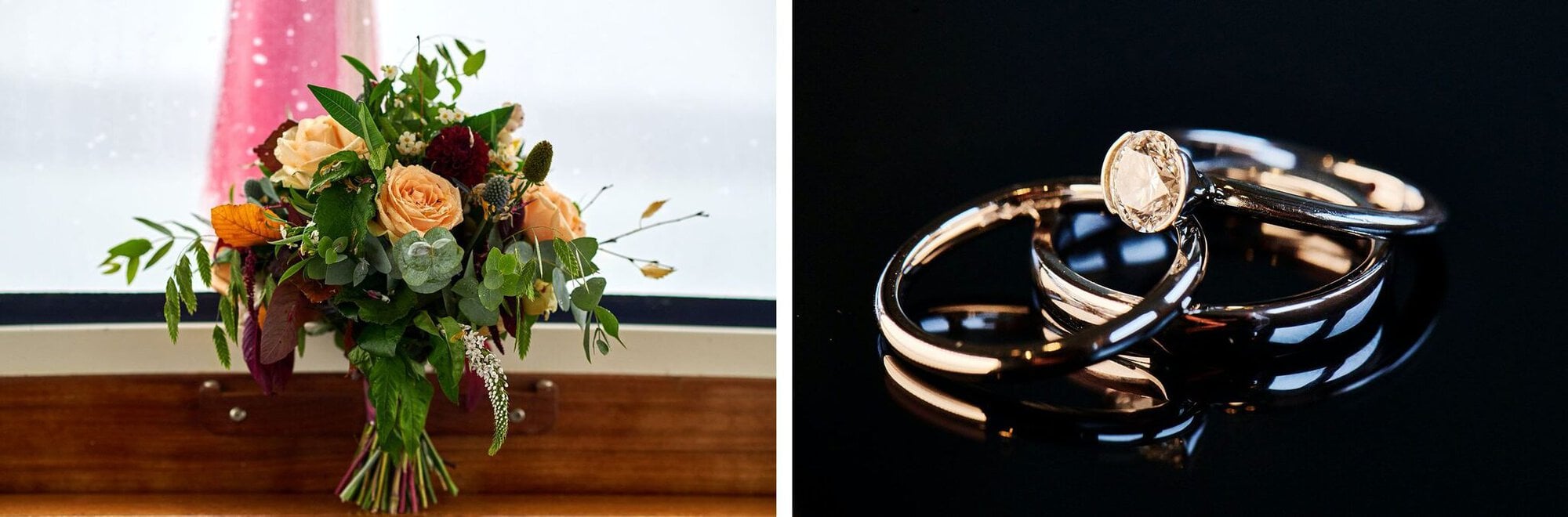 Flowers and wedding rings on the Dorset Queen boat, Poole