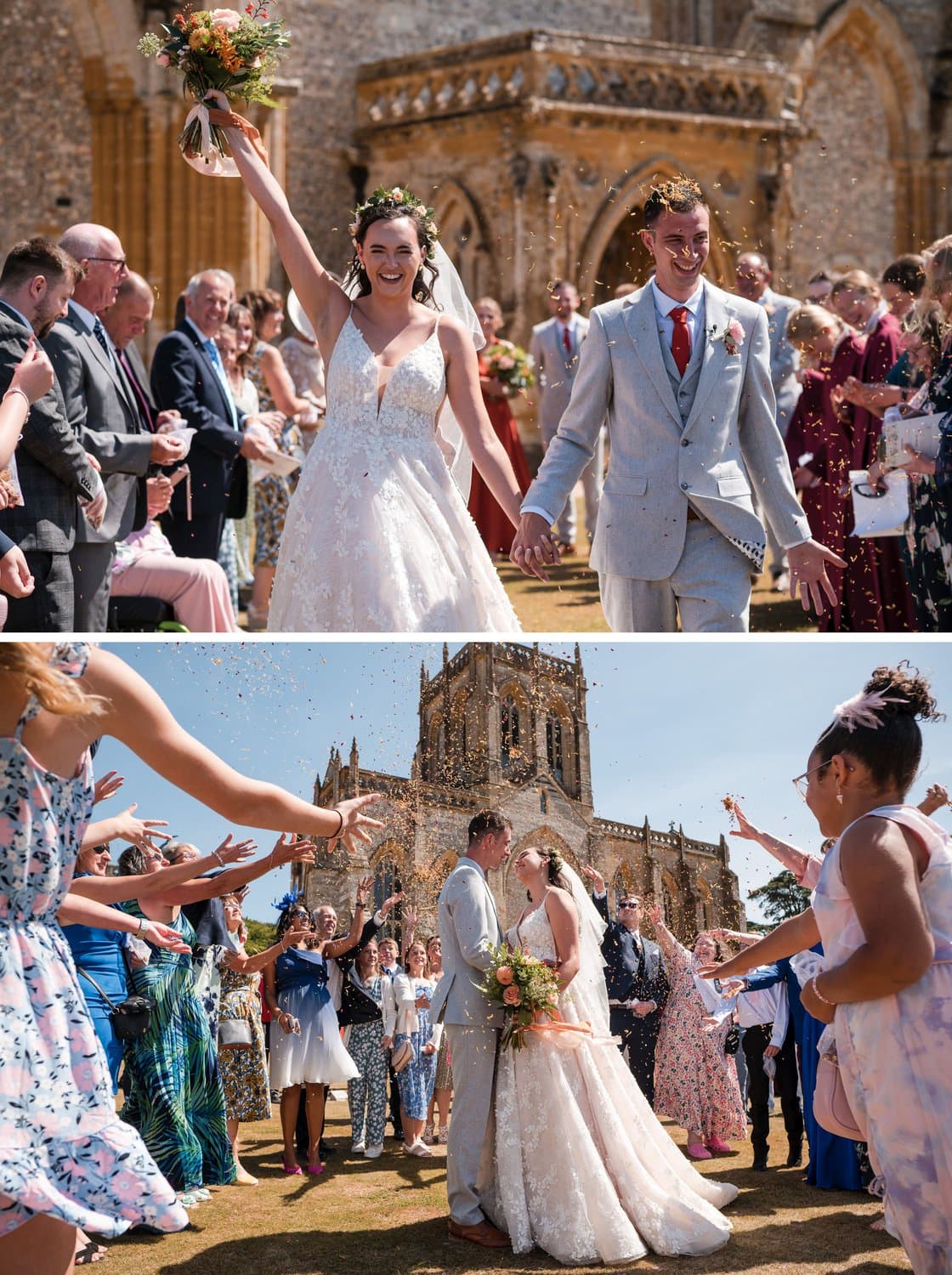 Confetti toss at Milton Abbey Wedding