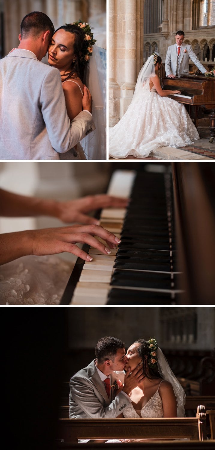 Bride and Groom play piano at Milton Abbey Wedding