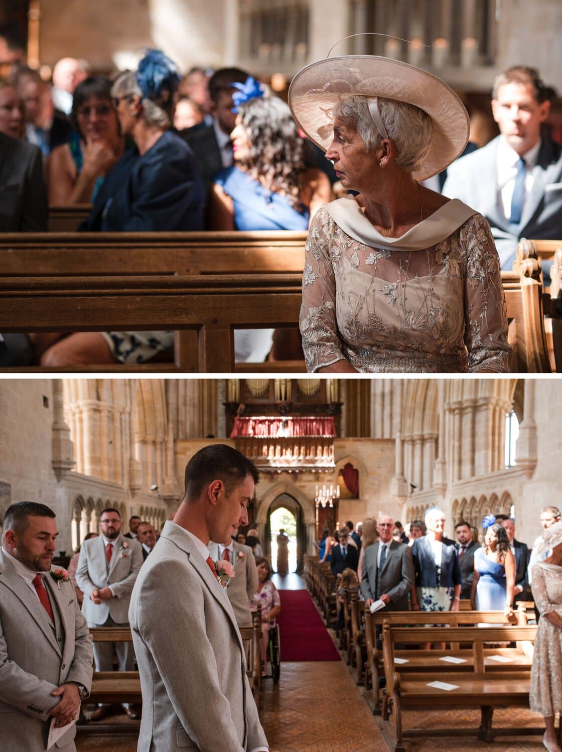 Mother of the groom and Groom wait in the Abbey at Milton Abbey Wedding