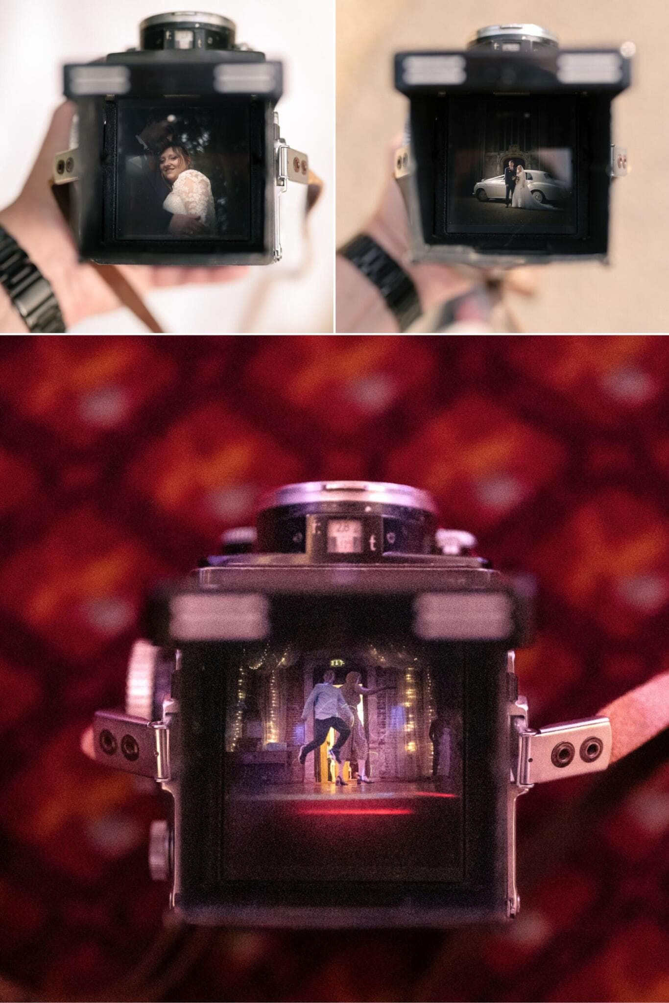 Highcliffe castle wedding looking through a medium format film camera