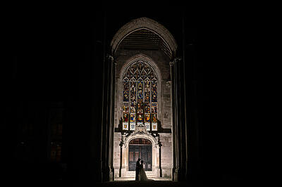 Highcliffe castle stained glass window lit at night