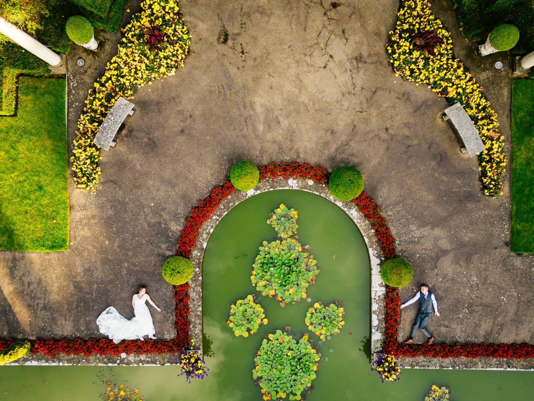 Creative drone photo of the bride and groom at The Italian Villa in Poole