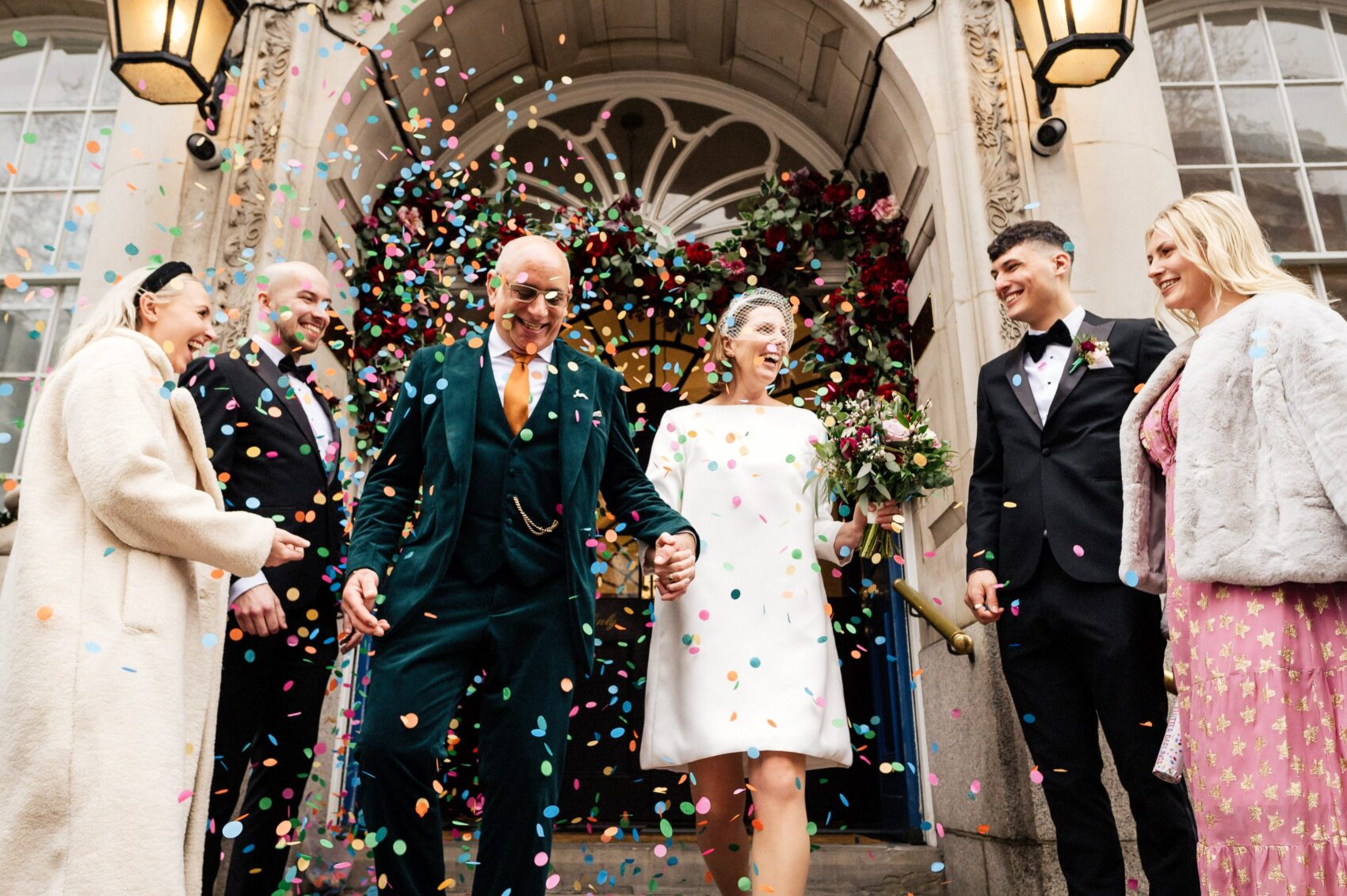 confetti on the steps of Kensington and Chelsea Registry office wedding