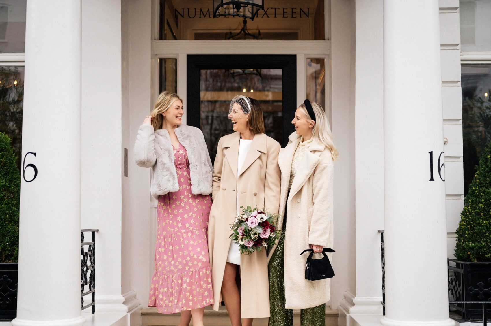 Bride and her daughters outside No 16 before Chelsea Townhall wedding