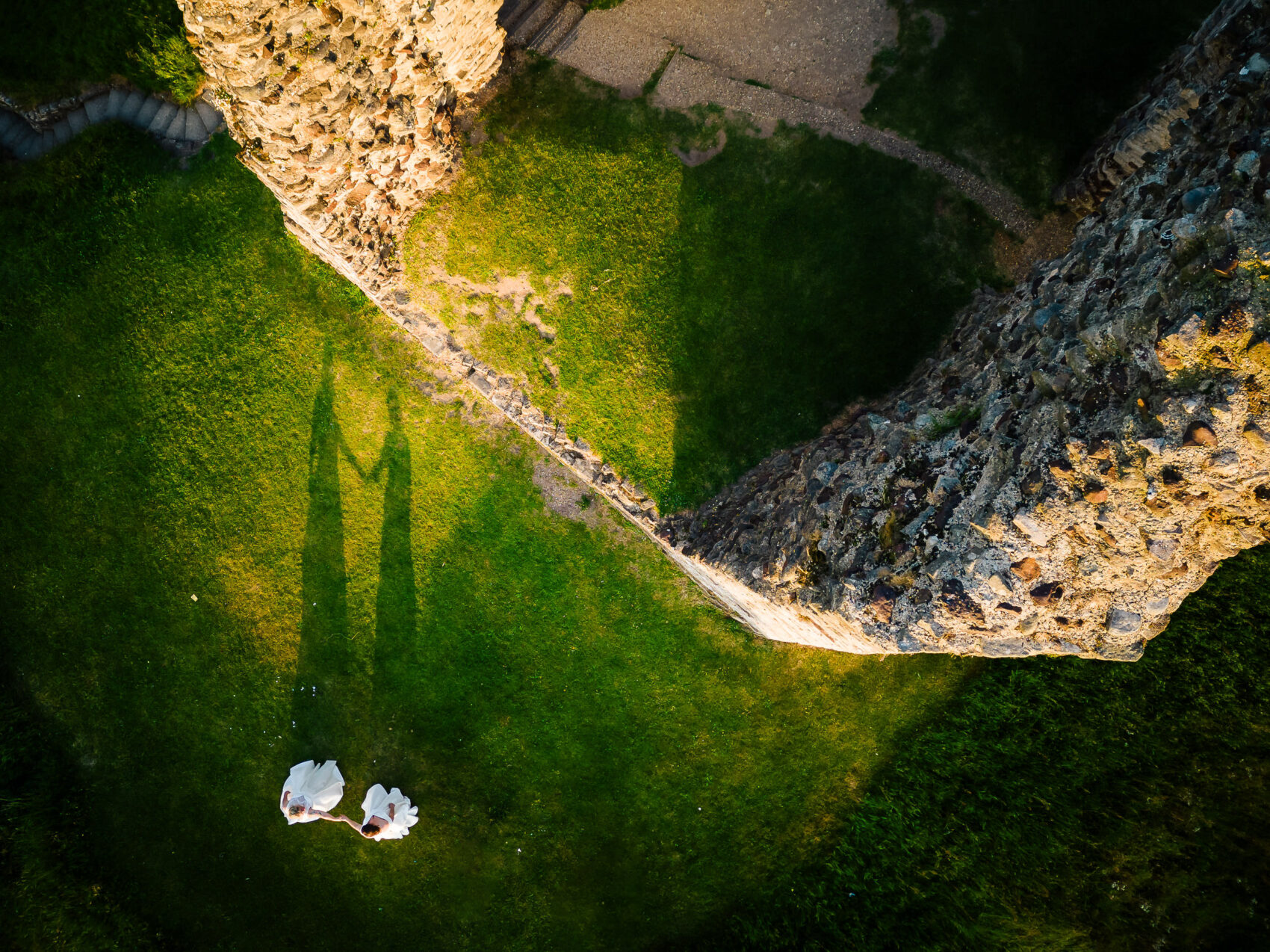 2023 wedding at the Kings Arms in Christchurch. Photograph over the ruins with a drone.