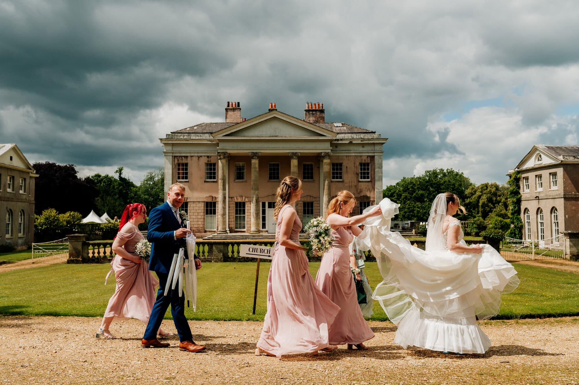 The Bride Tribe on the way to the church at Hale Park in Dorset