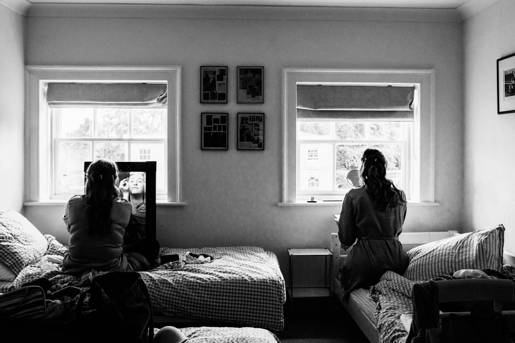 Bridemaids getting ready at Hale park House in Black and white