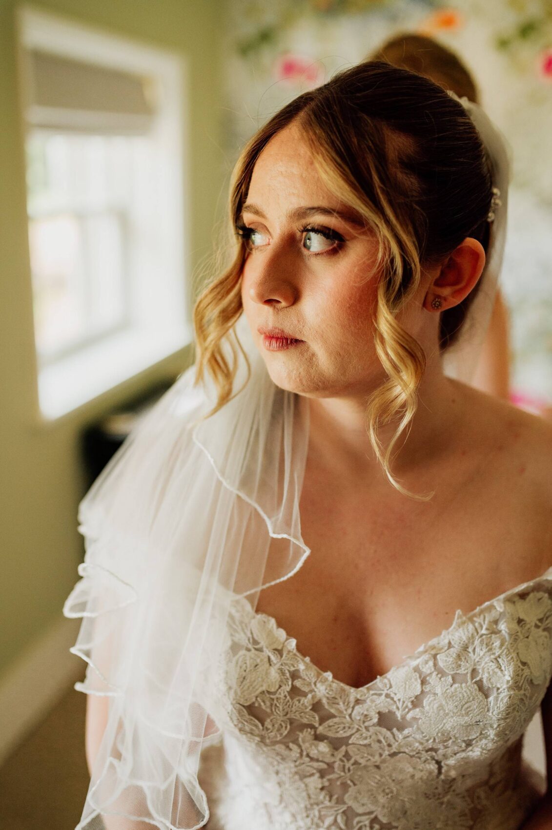 nervous look from bride at Hale Park House Wedding