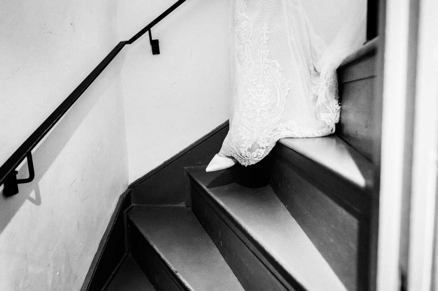 Brides shoes appear on the stairs at River Cottage wedding