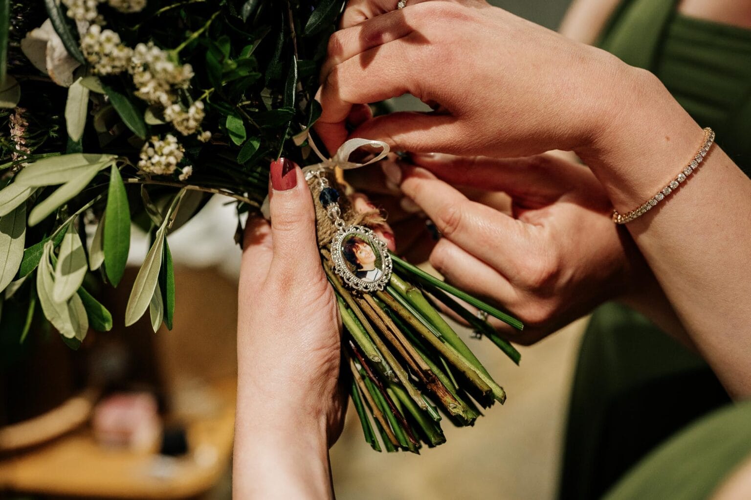 In memory, grandparents on the bouquet at River Cottage wedding