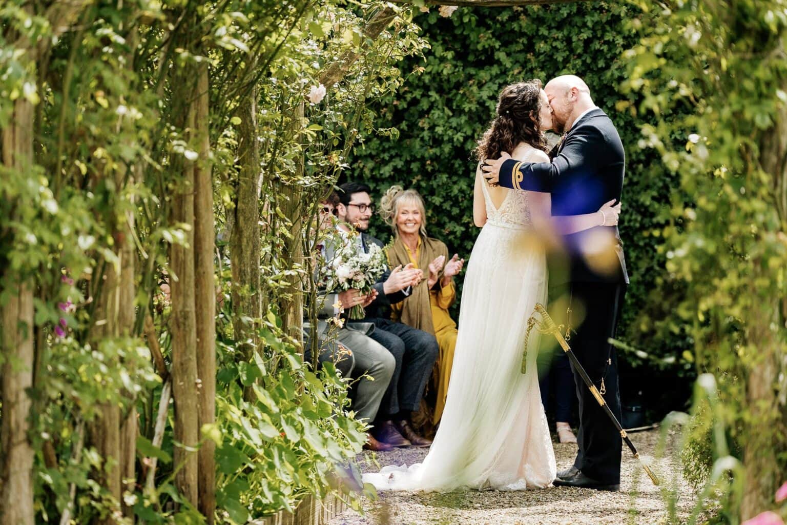 the first kiss at River Cottage garden wedding