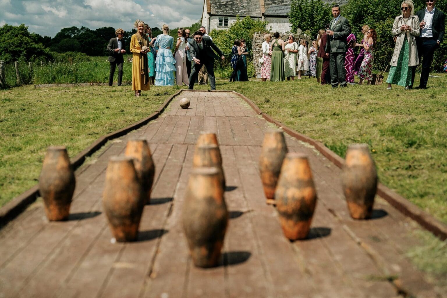 a view from the skittles back to the player at River Cottage garden wedding