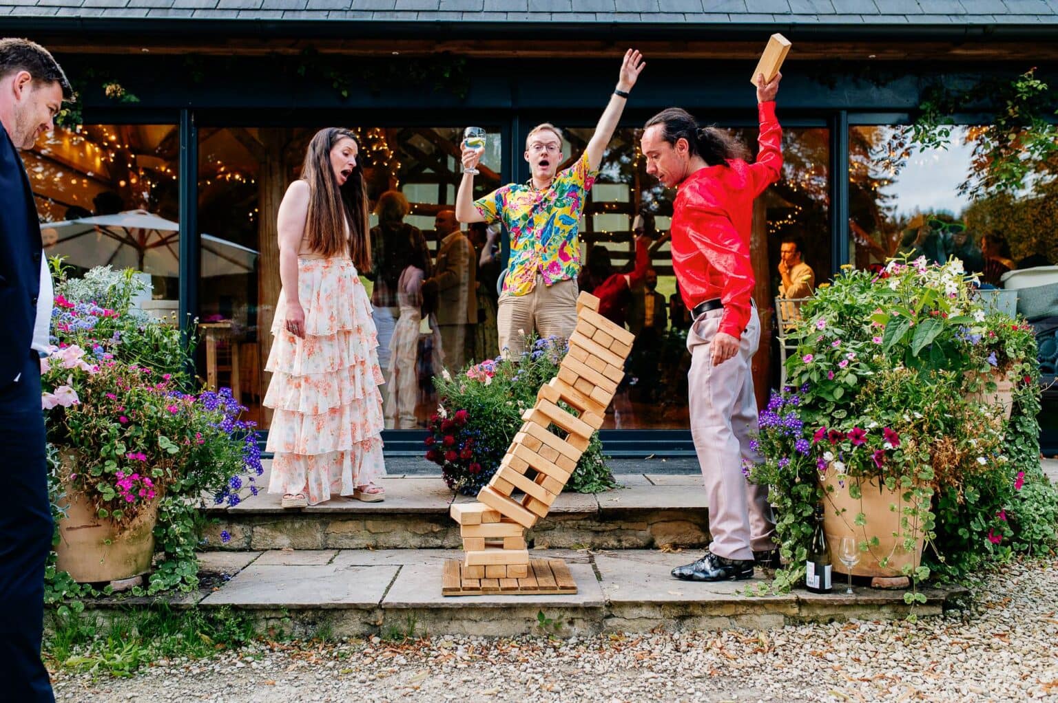 Jenga tower falls at Owlpen Manor weddding