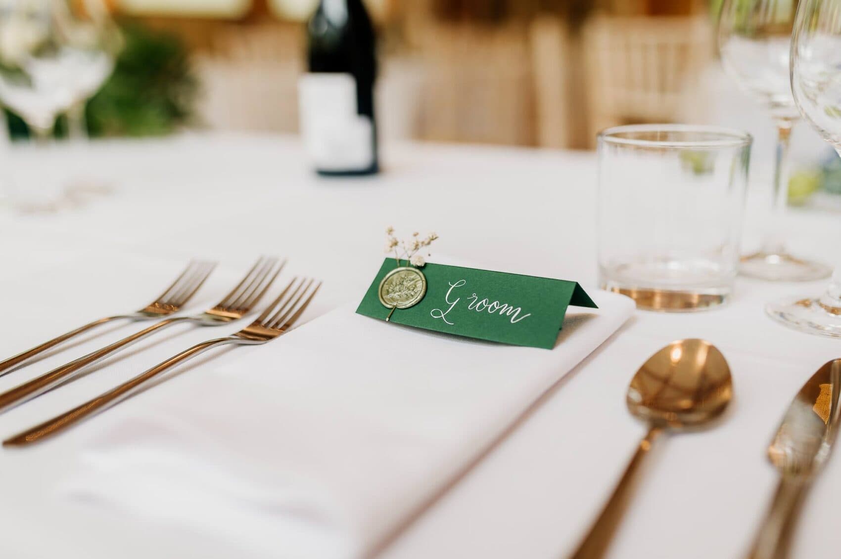 Grooms place setting at Owlpen Manor weddding