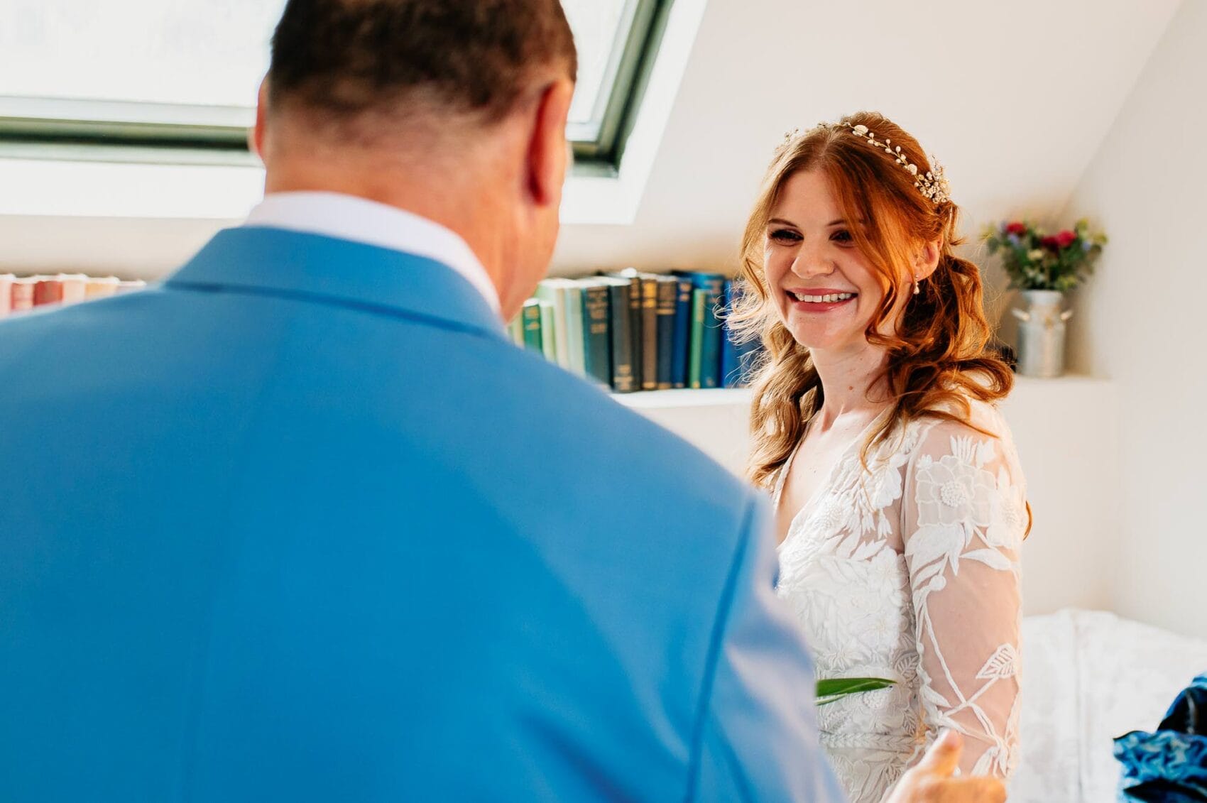 Dad sees his daughter in her wedding dress for the first time at Owlpen Manor weddding