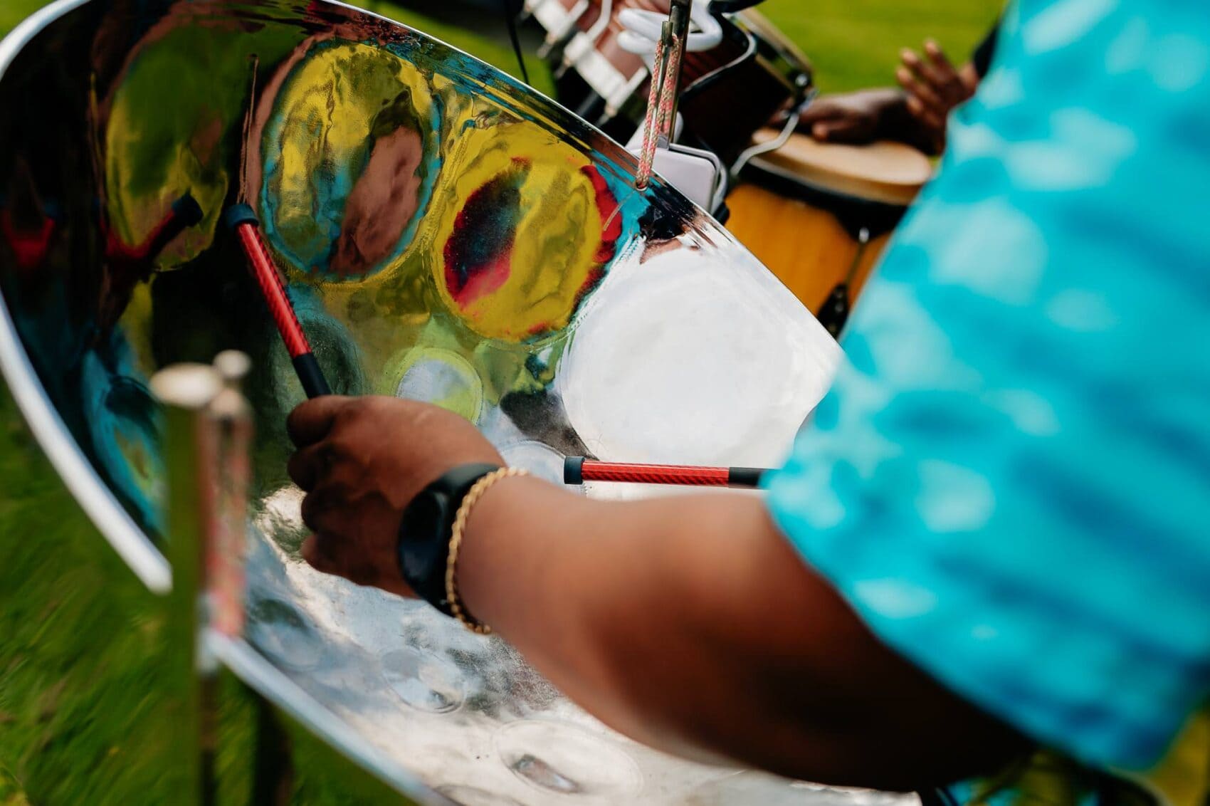 Steel pans played at Owlpen Manor weddding wedding