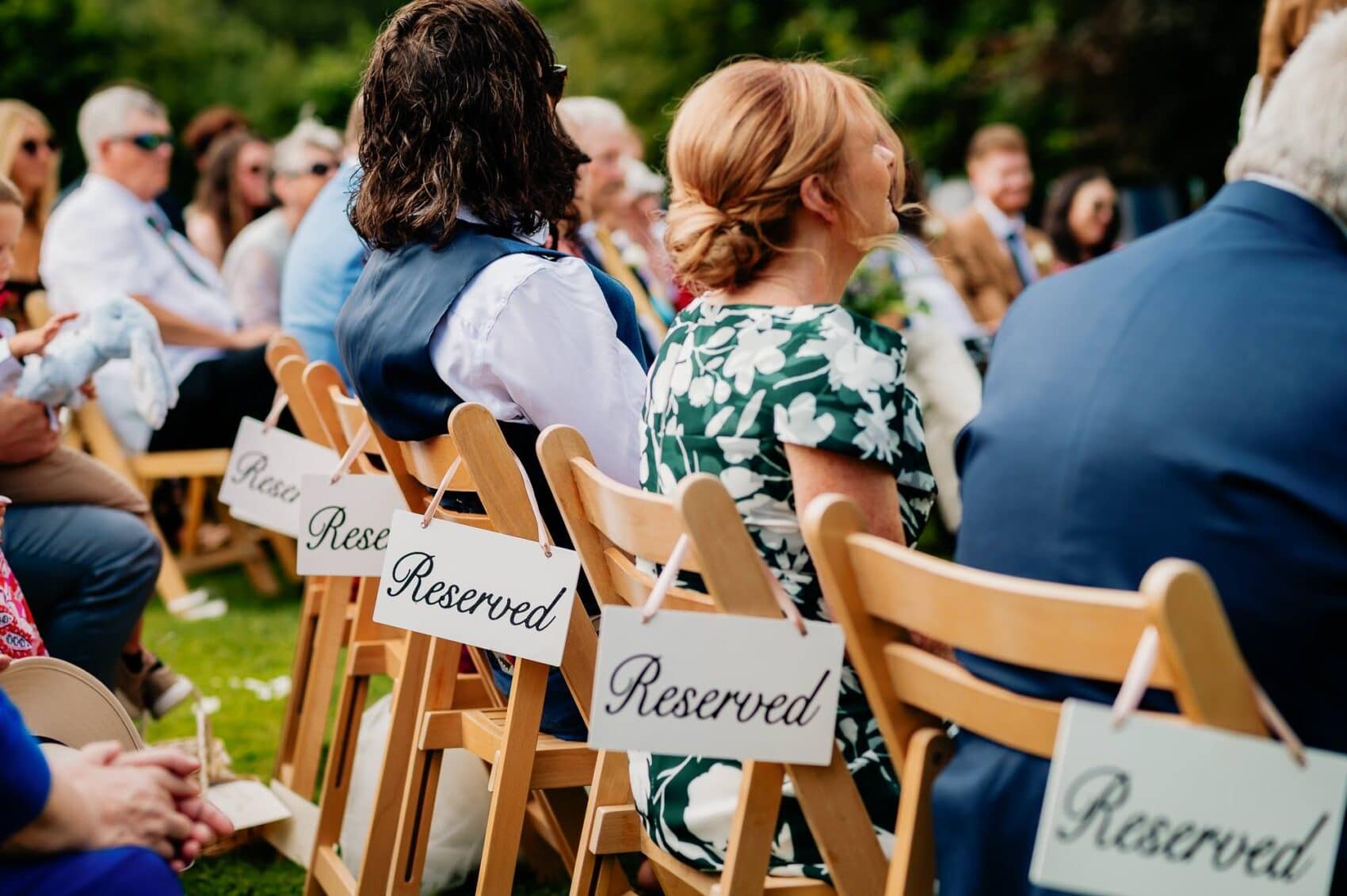 Reserved seat signs at Owlpen Manor weddding