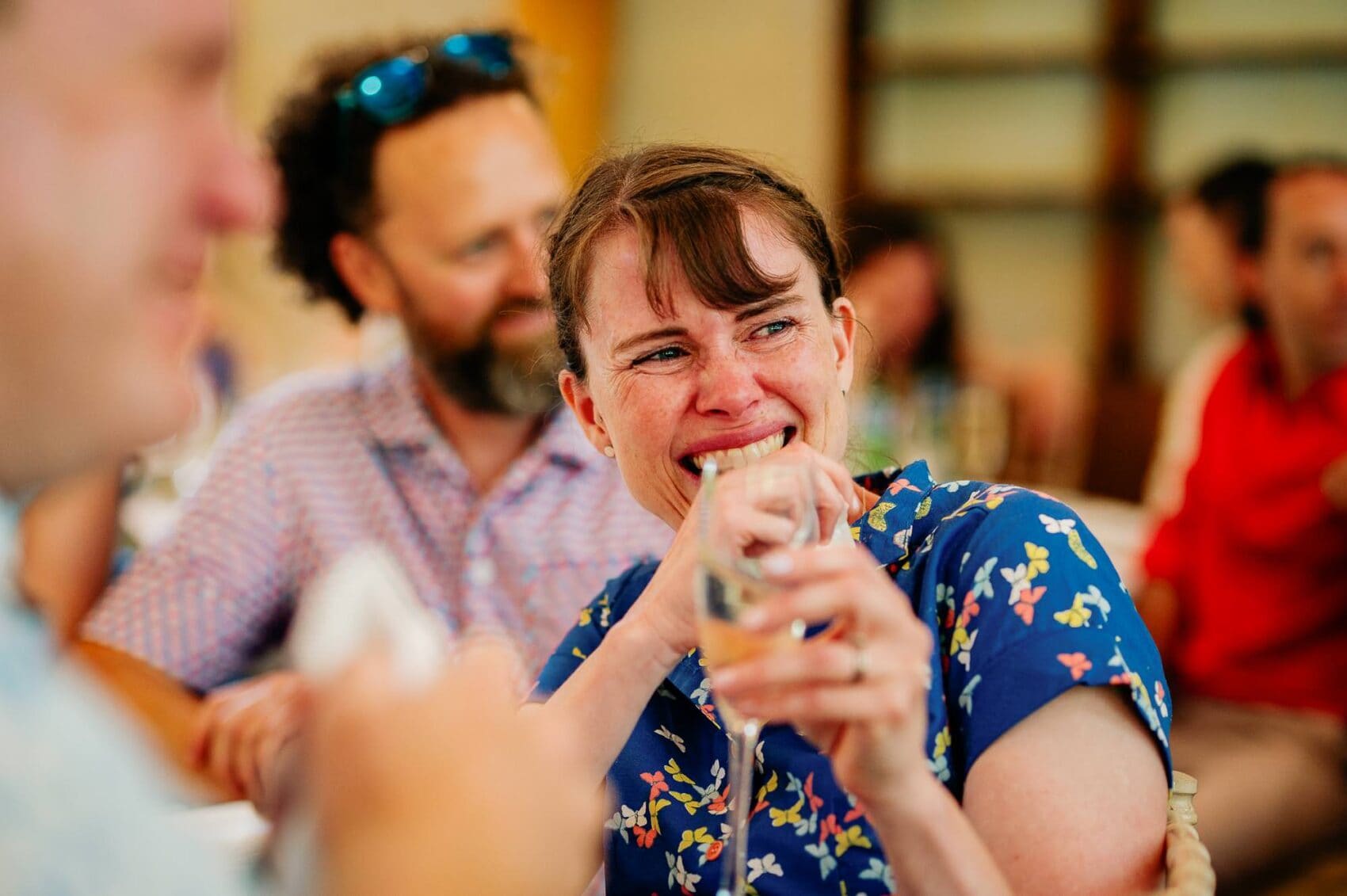 Tears of laughter at the speeches Owlpen Manor weddding