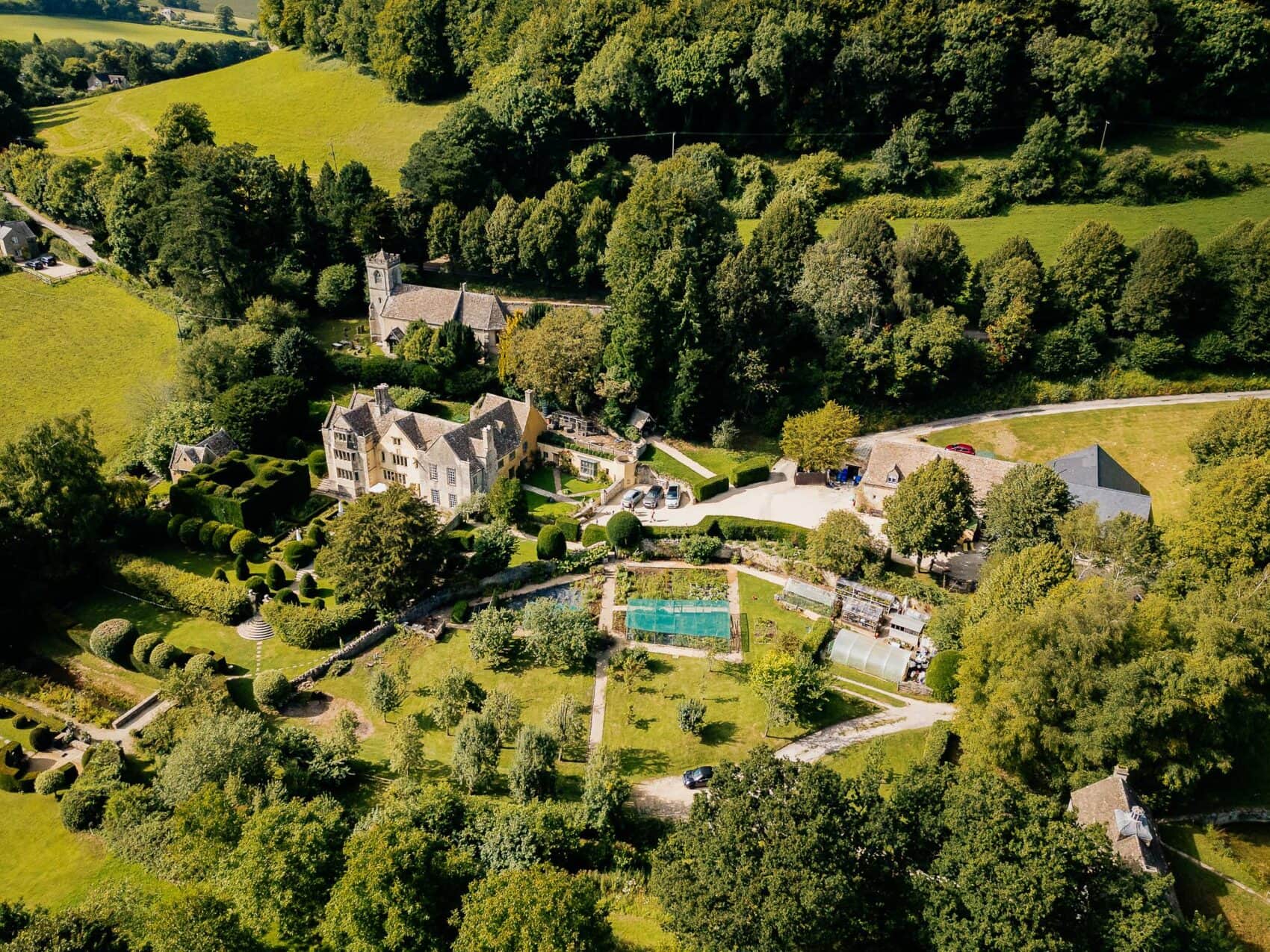 Owlpen Manor estate from the air in the summer