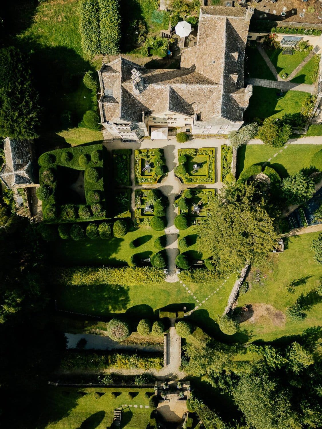 Owlpen Manor weddding walled gardens from above